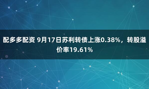 配多多配资 9月17日苏利转债上涨0.38%，转股溢价率19.61%